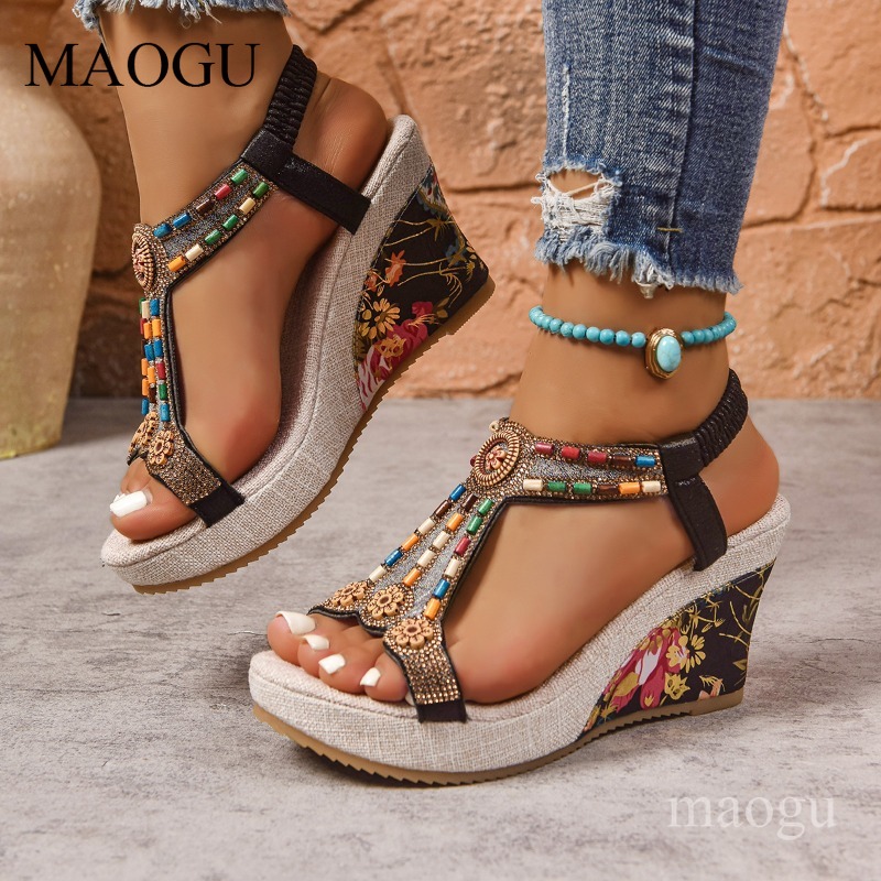 Ethnic Modern Fashion - Sandalias de Plataforma con Cuentas y